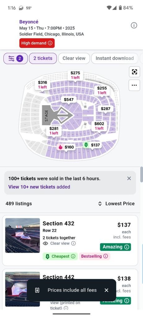 StubHub mobile now includes all-in pricing