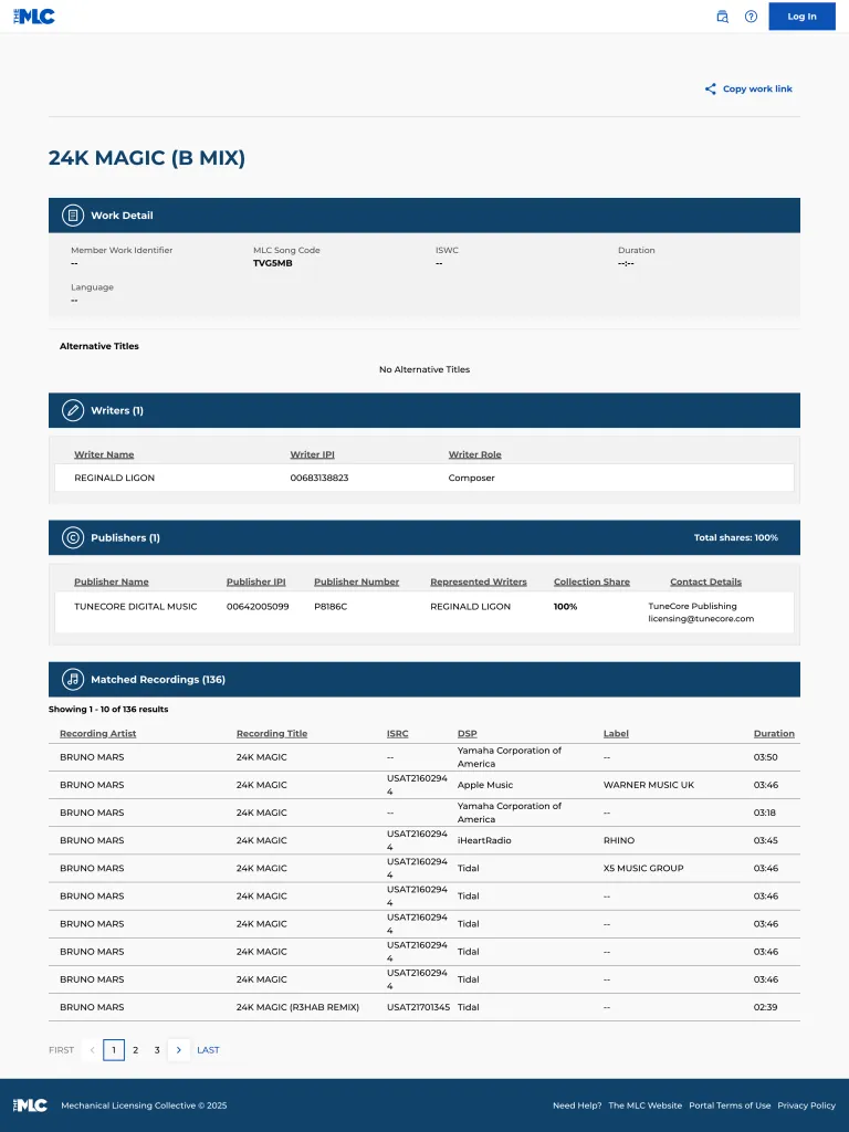 Example of fraudulent duplicate registration diverting royalties in the MLC database