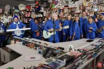 David Byrne and friends rock out recently at NPR's Tiny Desk Concert.